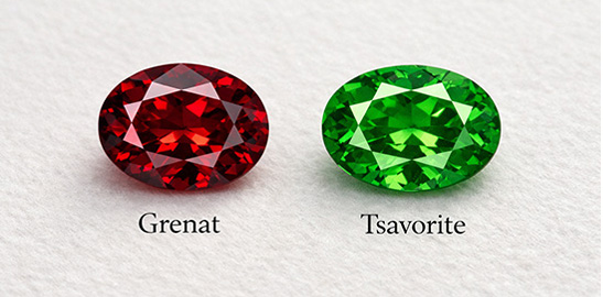 Pierres grenat et tsavorite vue de face, pierre de naissance.